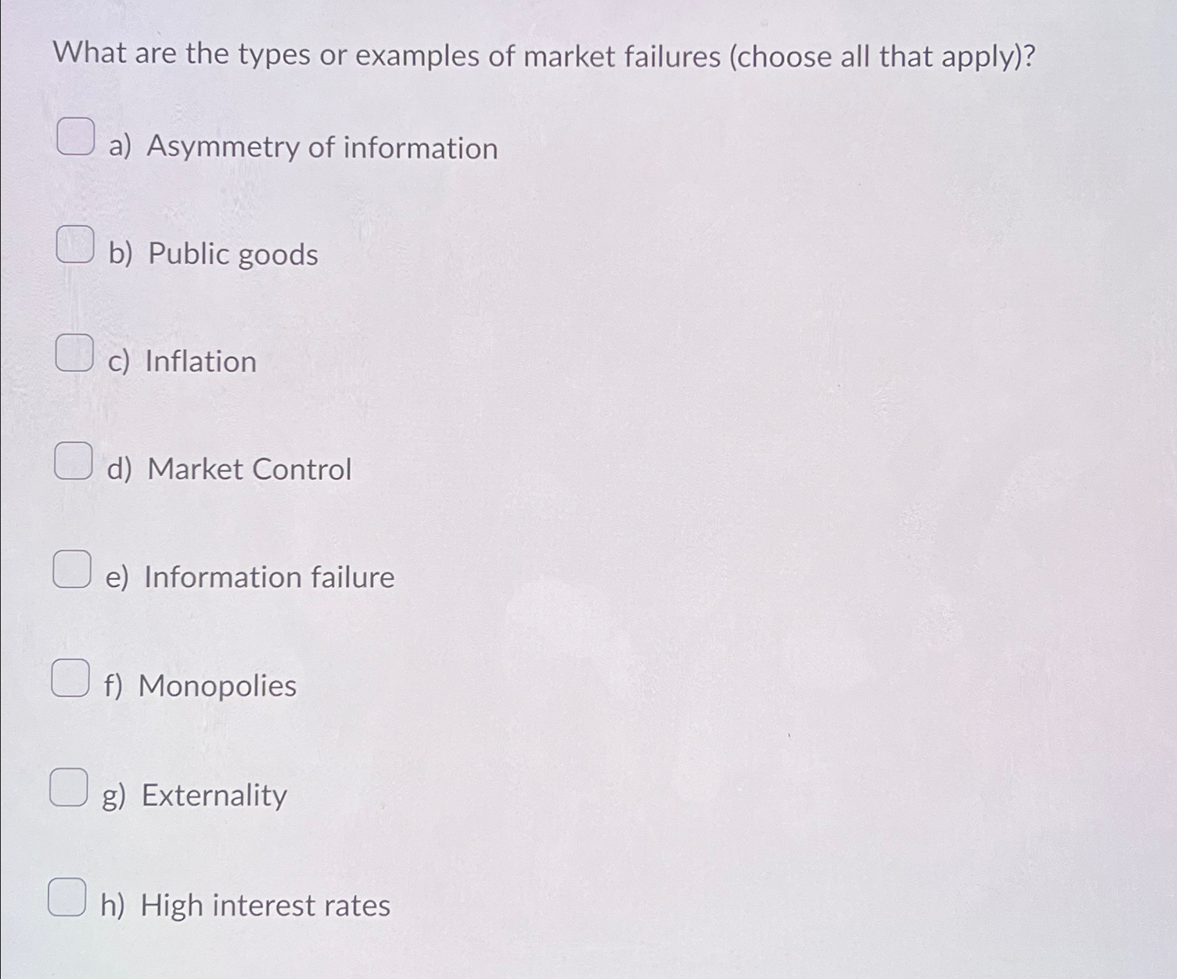 Solved What are the types or examples of market failures