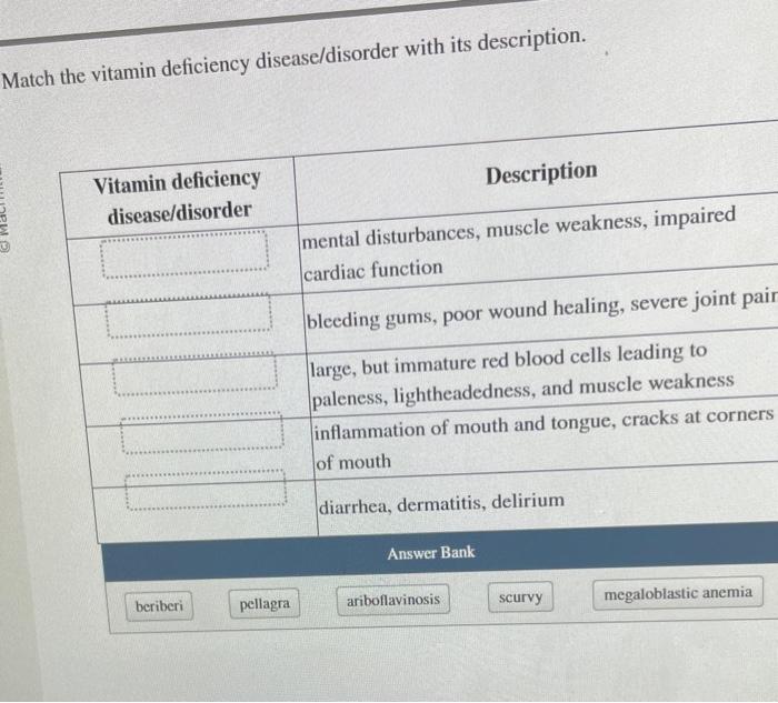 Solved Match the vitamin deficiency disease/disorder with