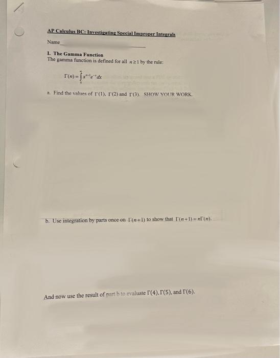 Solved AP Calculus BC worksheet on special improper