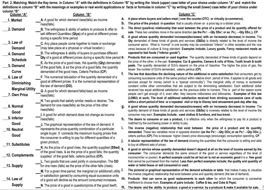 Solved Part 2. Matching Match the Key terms in Column “A