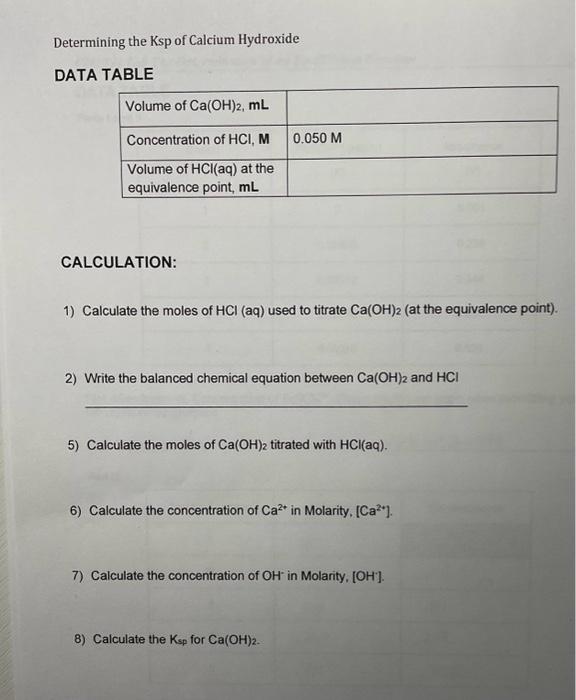 Determining the Ksp of Calcium Hydroxide DATA TABLE