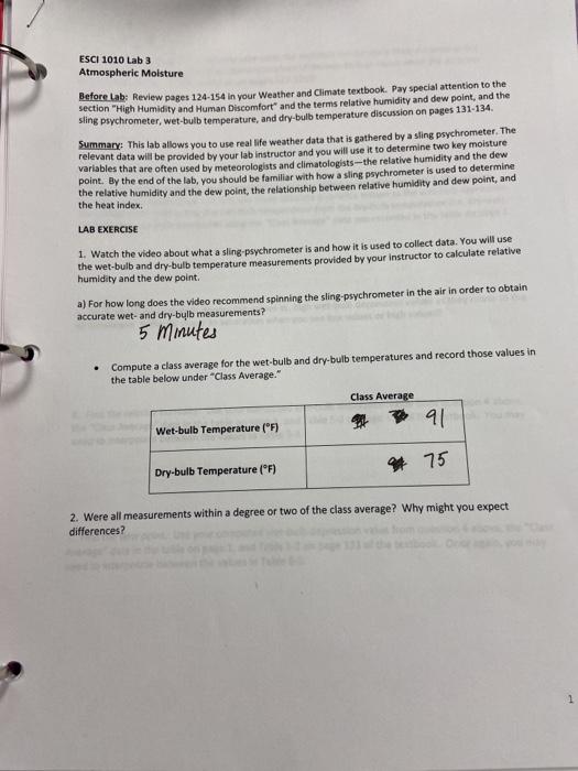 Solved Lab Atmospheric Moisture Sling Psychrometer