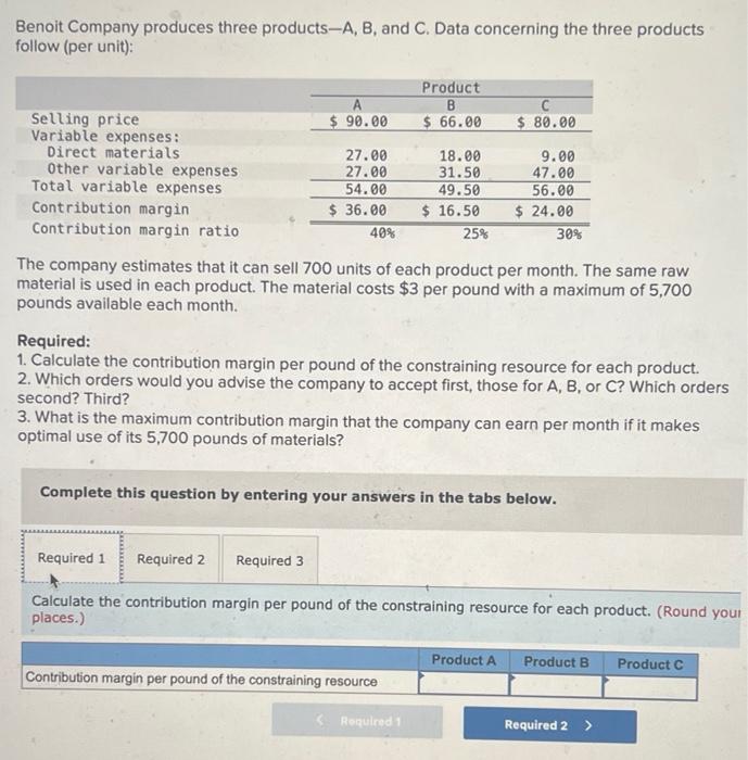 Solved Benoit Company produces three productsA, B, and C.