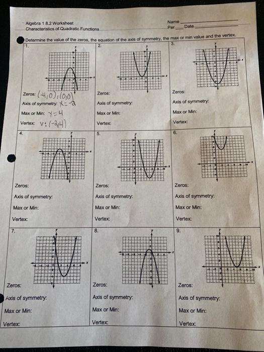 Solved Algebra 1 8.2 Worksheet Characteristics of Quadratic