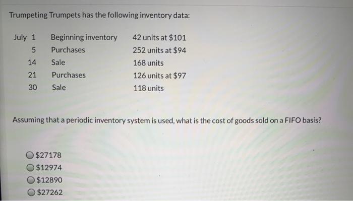 Solved Trumpeting Trumpets Has The Following Inventory Data: | Chegg.com