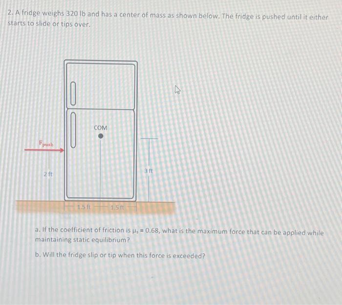 Solved 2. A fridge weighs 320lb and has a center of mass as