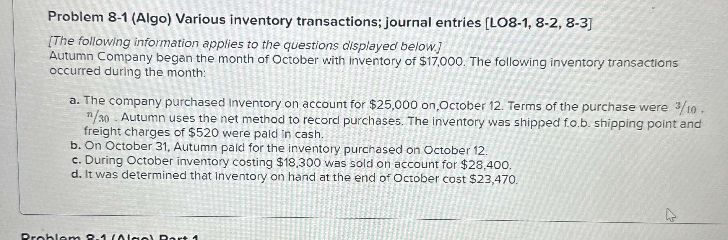 Problem 81 (Algo) ﻿Various inventory transactions;