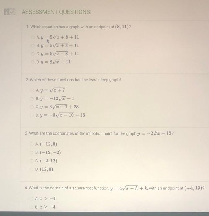 Solved Bassessment Questions: 1. Which Equation Has A Graph | Chegg.com