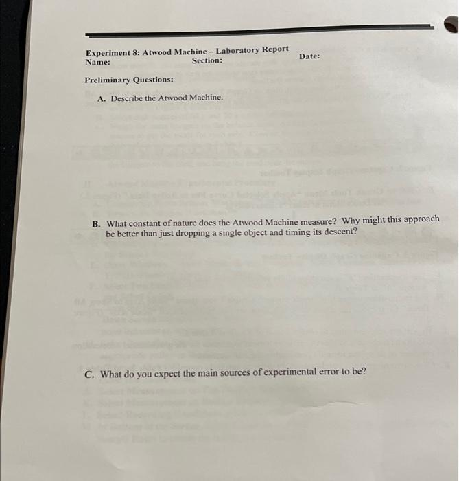 Solved Experiment 8 Atwood Machine Laboratory Report