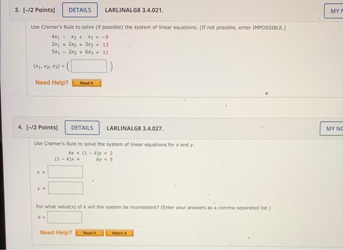 Solved Use Cramer's Rule to solve (if possible) the system | Chegg.com