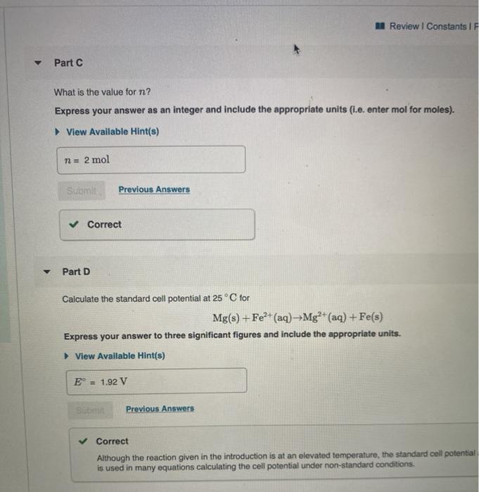 Solved Review Constants IP Consider the reaction Mg(s) +