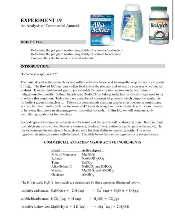 Solved TUM EXPERIMENT 19 An Analysis of Commercial Antacids