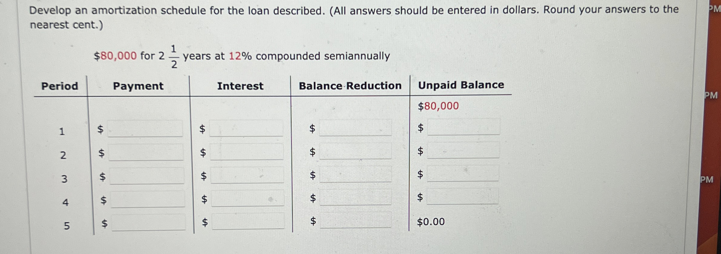 Develop an amortization schedule for the loan