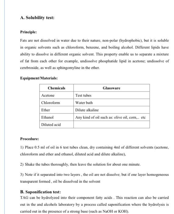 Solved A. Solubility test: Principle: Fats are not dissolved 