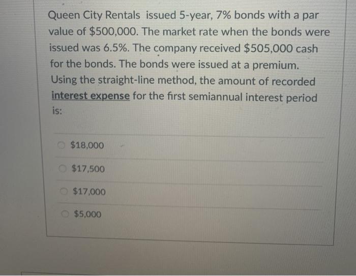 Solved Queen City Rentals issued 5year, 7 bonds with a par