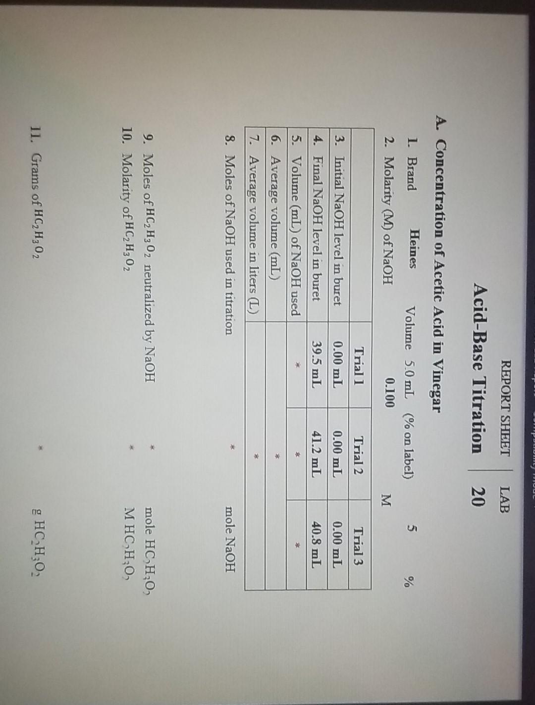 Solved Om WOUL REPORT SHEET LAB AcidBase Titration 20 A.