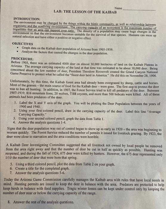 Name LAB THE LESSON OF THE KAIBAB INTRODUCTION The