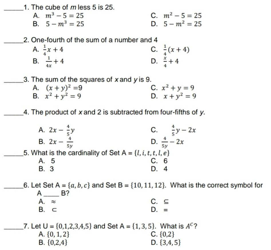 Solved 1. The Cube Of M Less 5 Is 25. A. M3 - 5 = 25 B. 5-M3 | Chegg.com