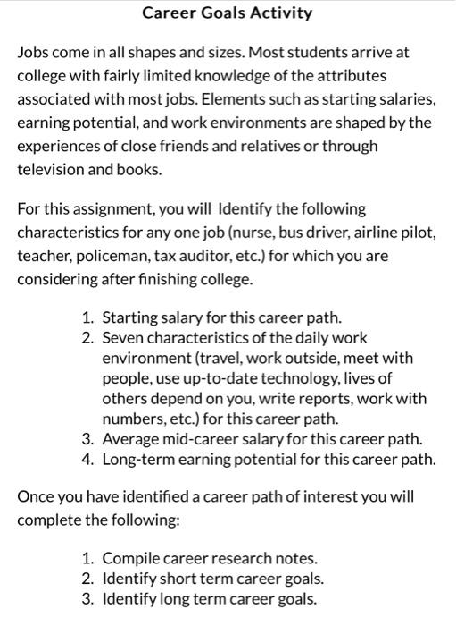 Solved Career Goals Activity Jobs come in all shapes and
