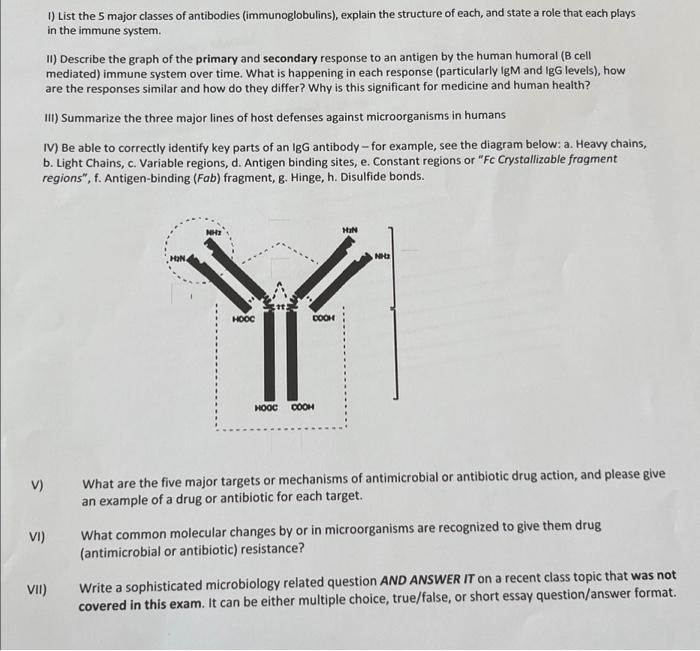 1) List the 5 major classes of antibodies