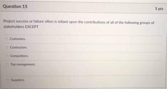 Question 15 5 pts Project success or failure often is