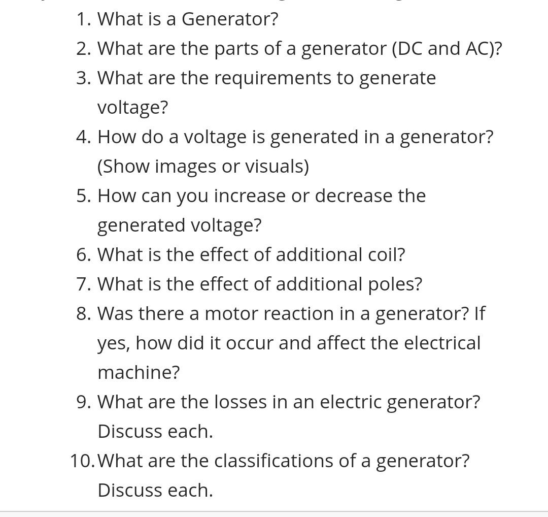 Solved 1. What is a Generator? 2. What are the parts of a | Chegg.com
