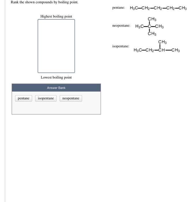 Rank the shown compounds by boiling point. pentane