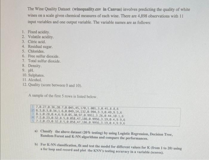 Solved The Wine Quality Dataset (winequality.csv in Canvas)