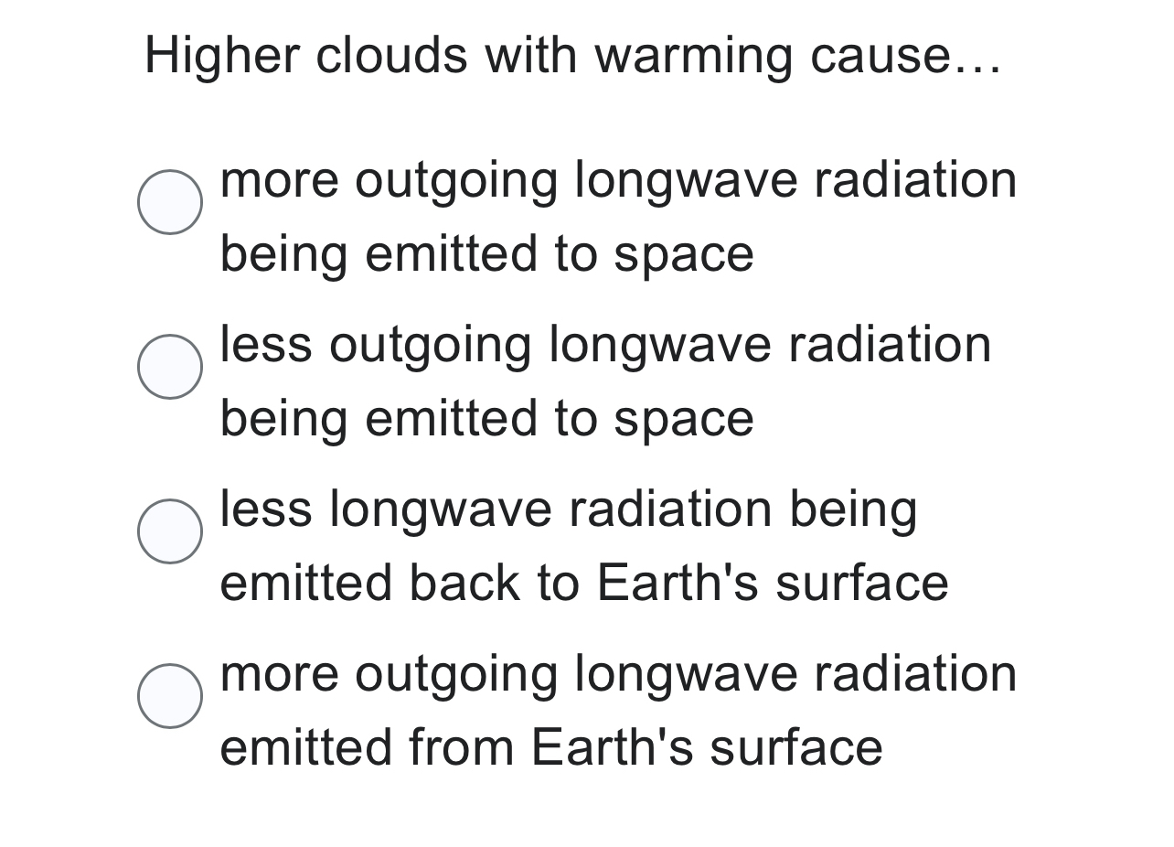 Solved Higher clouds with warming cause...more outgoing