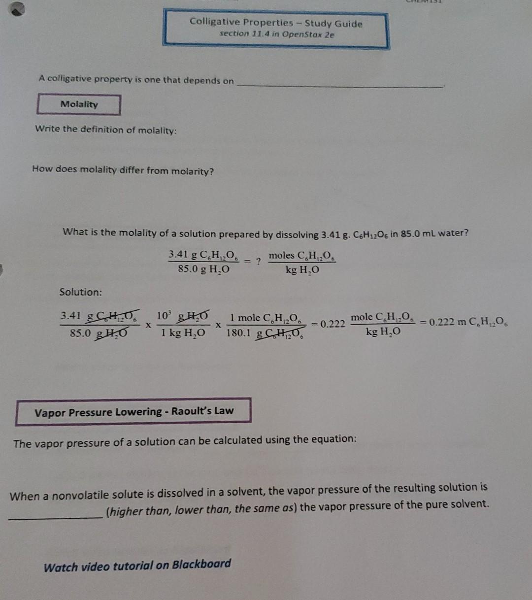 Solved Colligative Properties - Study Guide section 11.4 in | Chegg.com