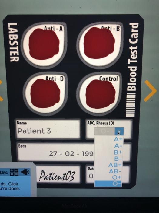 Solved AntiA AntiB B LABSTER Tuin Blood Test Card o o