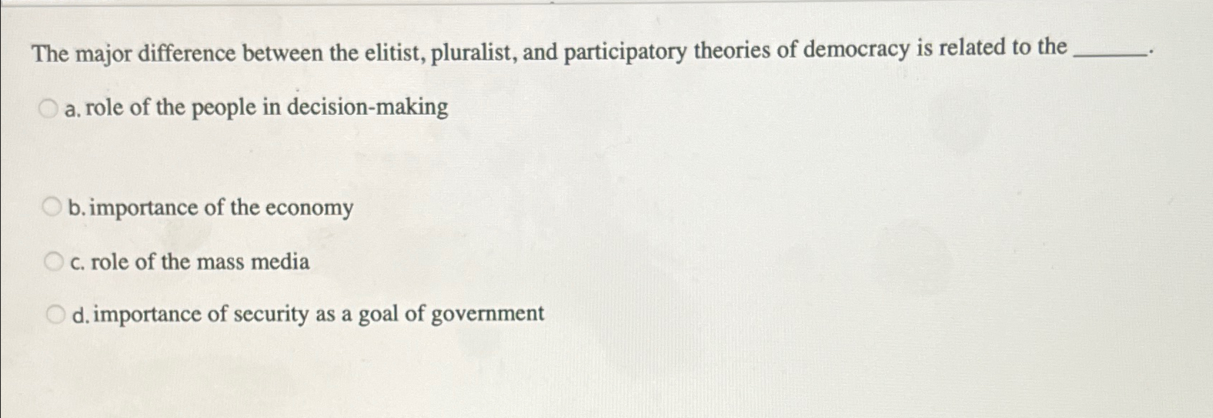 Solved The major difference between the elitist, pluralist,