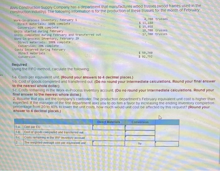 Solved Alvis Construction Supply Company has a department