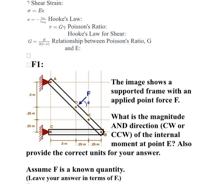Solved γ Shear Strain σ=Eϵ ν=−ϵimy ciot Hooke's Law τ=Gγ