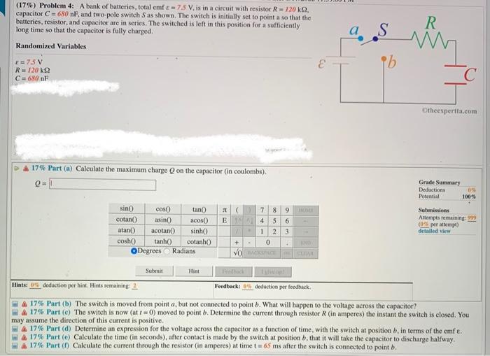 Solved (17) Problem 4 A bank of batteries, total emf = 7.5