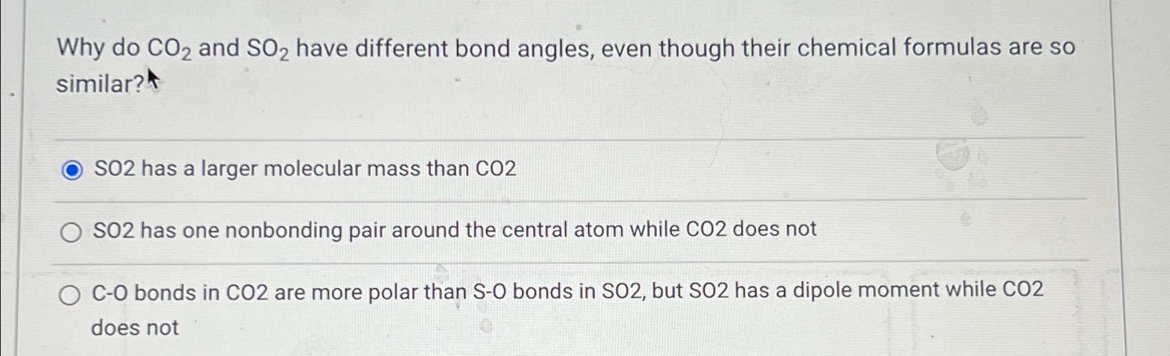 Why do CO2 ﻿and SO2 ﻿have different bond angles, even