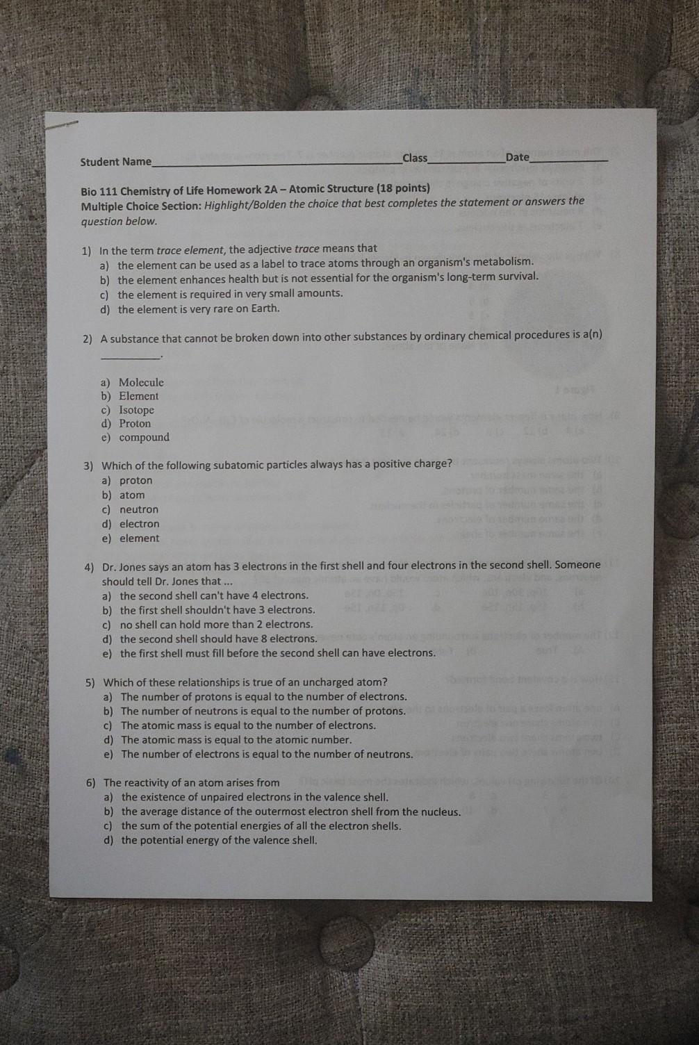 Solved Student Name Class Date Bio 111 Chemistry Of Life | Chegg.com