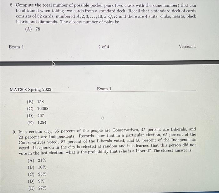 8. Compute the total number of possible pocker pairs