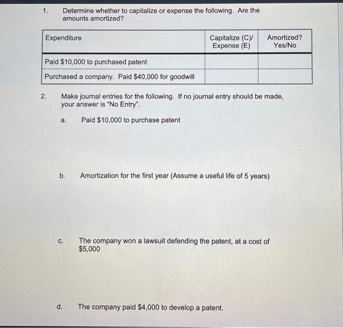 Solved 1. Determine whether to capitalize or expense the