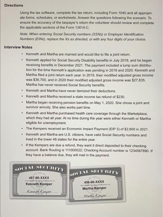 Solved . Directions Using the tax software, complete the tax