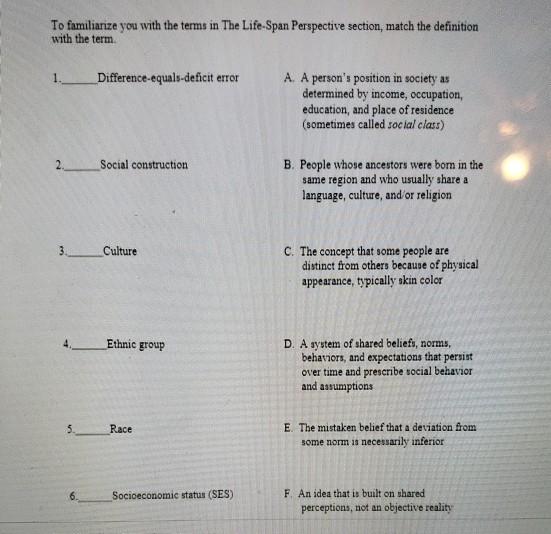 Solved To Familiarize You With The Terms In The Life-Span | Chegg.com