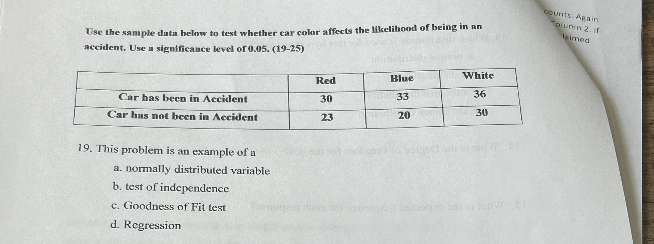 Solved Use the sample data below to test whether car color