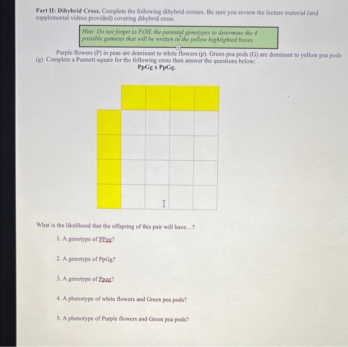 Solved Part II: Dihybrid Cross. Complete the following | Chegg.com