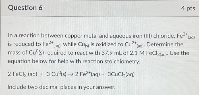 Solved In a reaction between copper metal and aqueous iron | Chegg.com