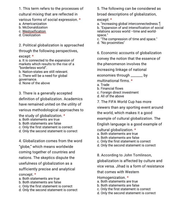 Solved 1. This term refers to the processes of cultural