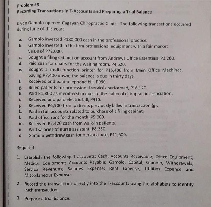 Solved 1 Problem 9 Recording Transactions in TAccounts and