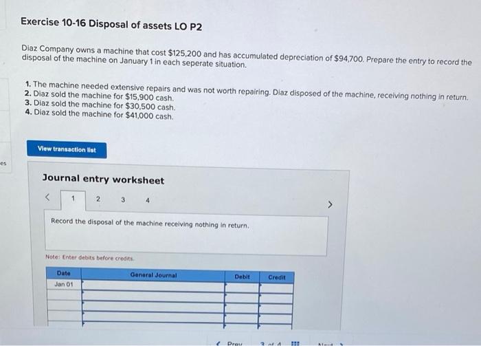 Solved Exercise 1016 Disposal of assets LO P2 Diaz Company