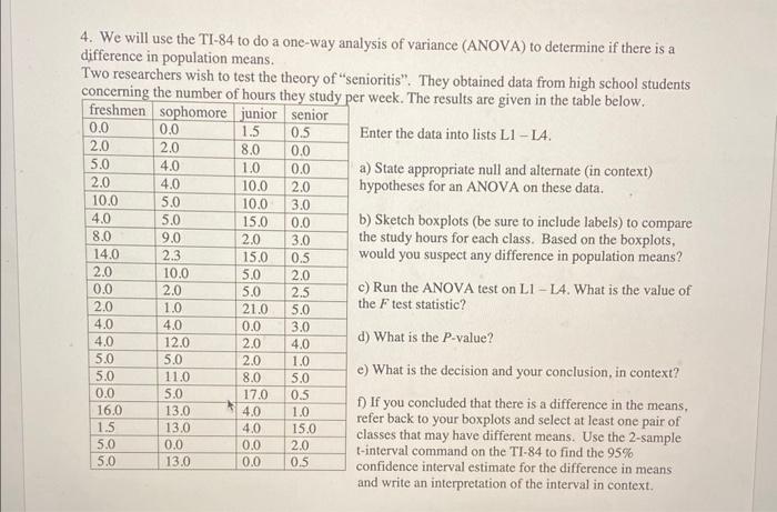 Solved 4. We will use the TI-84 to do a one-way analysis of | Chegg.com