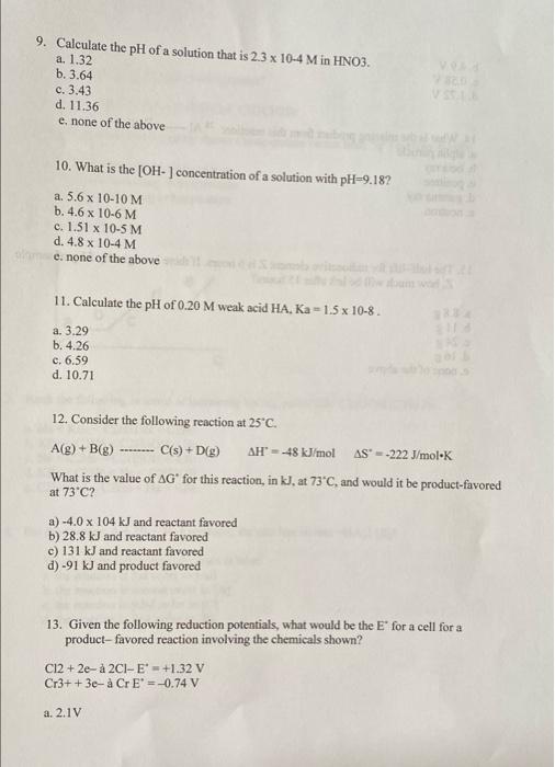 Solved 9. Calculate the pH of a solution that is 2.3 x 104