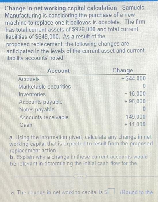 Solved Change in net working capital calculation Samuels